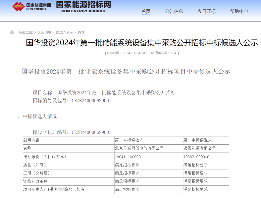 0605元Wh！國華投資2024年第一批儲能系統設備集采開標(圖1)