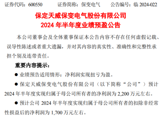保變電氣2024年上半年預(yù)計(jì)凈利2200萬同比扭虧為盈產(chǎn)品毛利增加(圖1)