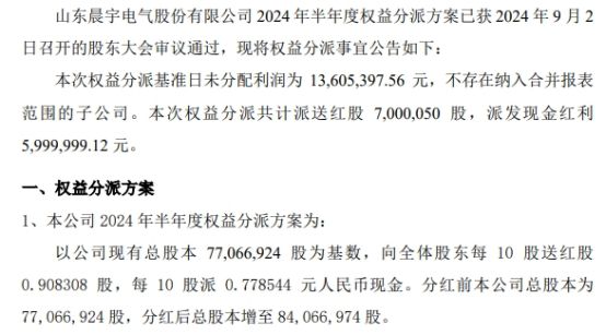 晨宇電氣2024年半年度權益分派每10股送紅股091股派現078元共計派發現金紅利600萬元(圖1)